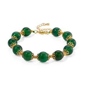 Verde Onyx Green Gemstone Beaded Bracelet Goldtone Adjustable